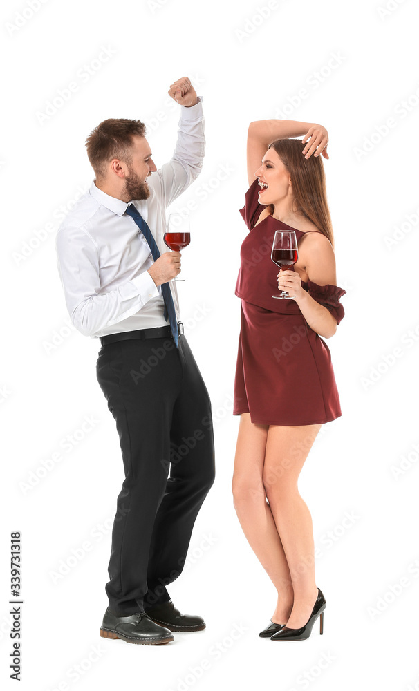 Happy couple with glasses of wine on white background Happy couple with glasses of wine on white background