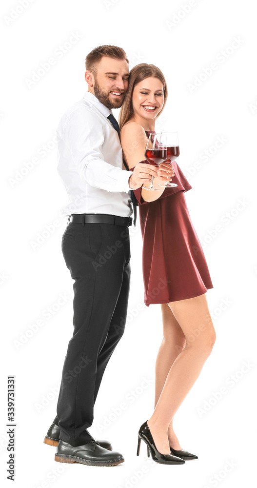 Happy couple with glasses of wine on white background Happy couple with glasses of wine on white background