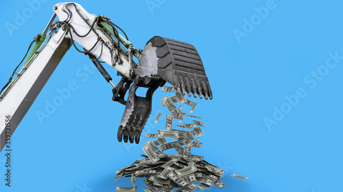 Pile of money being thrown out of an excavator cup. Isolated concept on a blue background. US dollar bills coming off an excavator`s bucket.