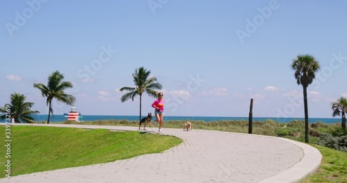 Girl walking two adopted dogs in park