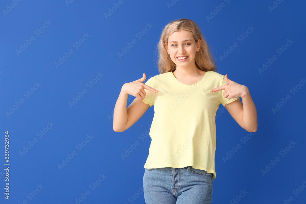 Woman in stylish t-shirt on color background Woman in stylish t-shirt on color background