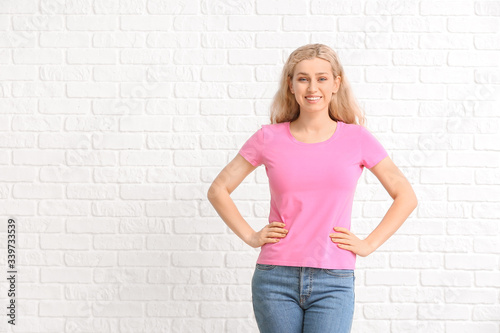 Woman in stylish t-shirt on...