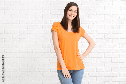 Woman in stylish t-shirt on...