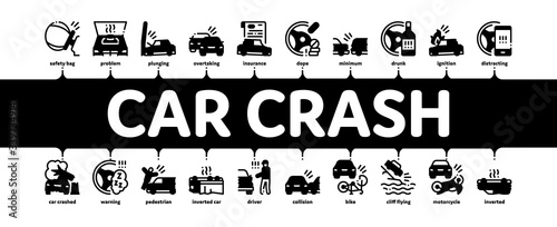 Car Crash Accident Minimal Infographic Web Banner Vector. Car Crash And Burning, Airbag Deployed And Broken Engine, Drunk And Fell Asleep At Wheel Illustrations