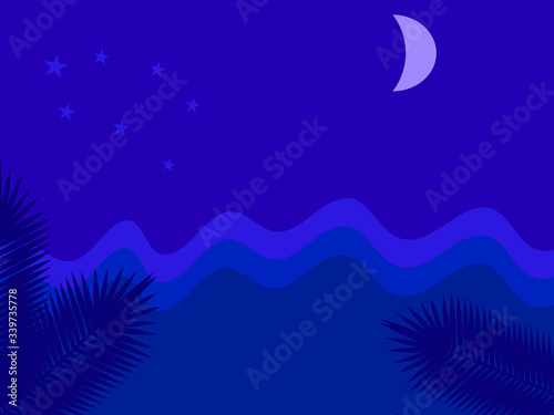 Abstract vector drawn flat design half moon sea ocean and stars at night time wave high tide pattern, dark blue color background 