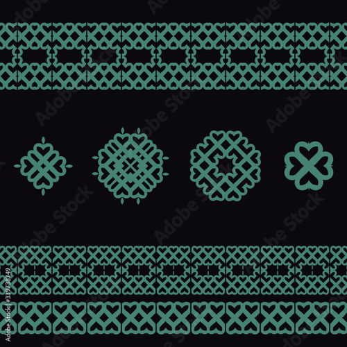 Set of 3 border and 4 decorative elemens, workpiece for your design. Ornamental elements and motifs. Decor for plate, tile, textile and print design. Circle, square design element. Vector.