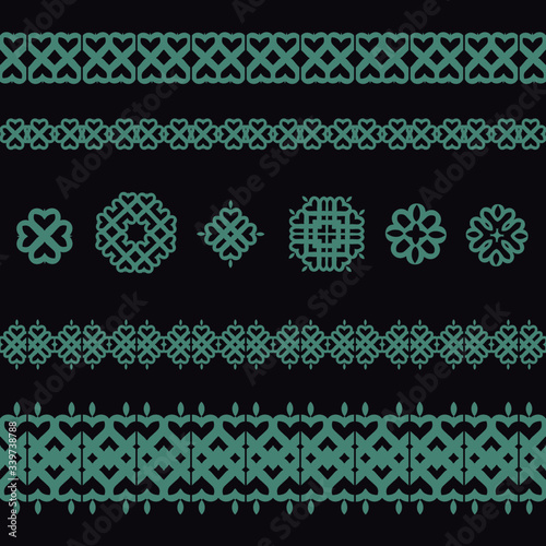 Set of 4 border and 6 decorative elemens, workpiece for your design. Ornamental elements and motifs. Decor for plate, tile, textile and print design. Circle, square design element. Vector.