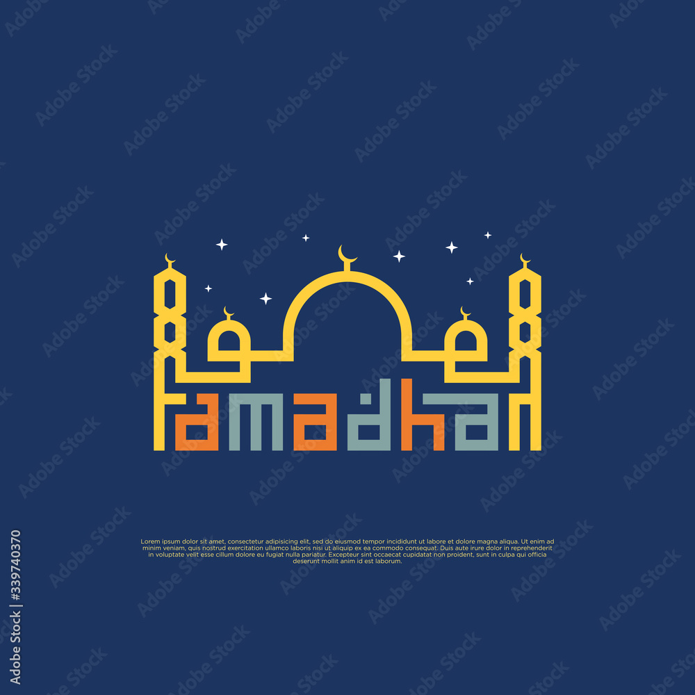 Greeting of Ramadhan with Colorfull Lettering and Mosque, Ramadhan Kareem, Lettering Calligraphy