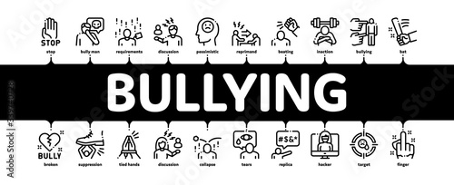 Bullying Aggression Minimal Infographic Web Banner Vector. Internet Bullying And Name-calling, Beating And Showing Indecent Gesture Illustrations