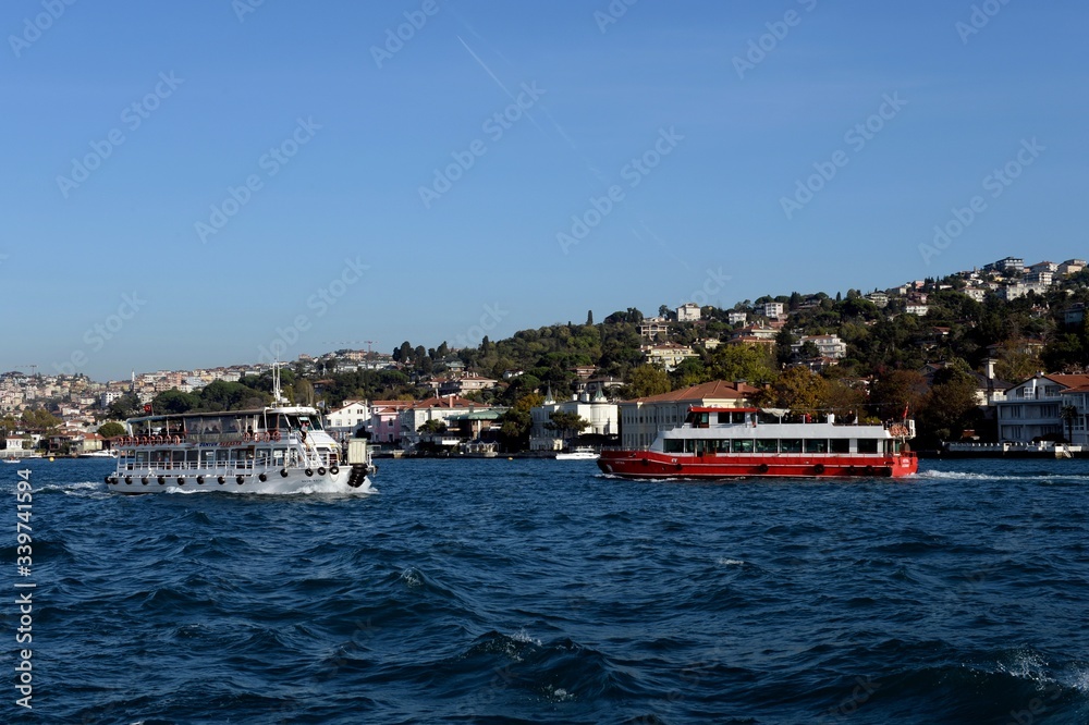 Passenger pleasure boats on the Asian side of the Bosphorus Strait in Istanbul
