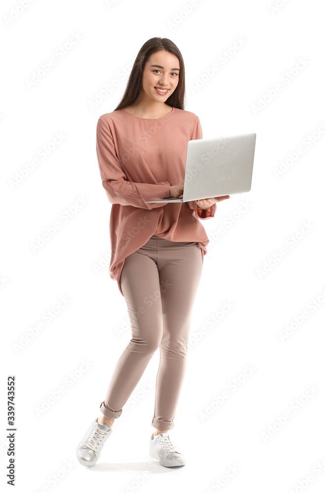 Beautiful young woman with laptop on white background Beautiful young woman with laptop on white background