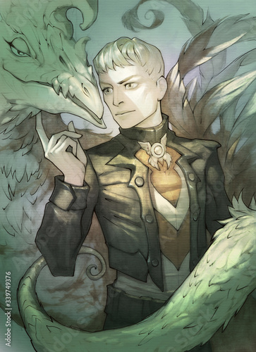 Original fantasy hand drawn illustration of a handsome elf character with monstrous dragon like monster as a pet