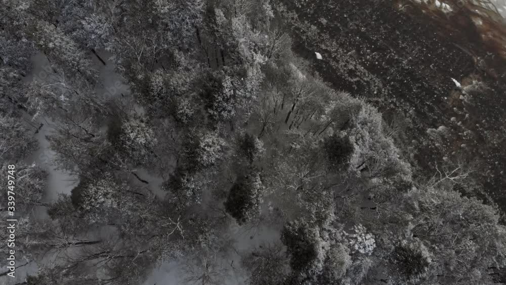 Drone flying over a snowy forest and a flowing river in Drummondville Quebec Canada in winter Drone flying over a snowy forest and a flowing river in Drummondville Quebec Canada in winter