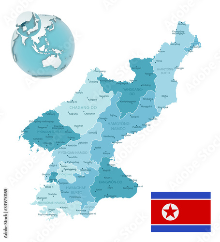 North Korea administrative blue-green map with country flag and location on a globe.