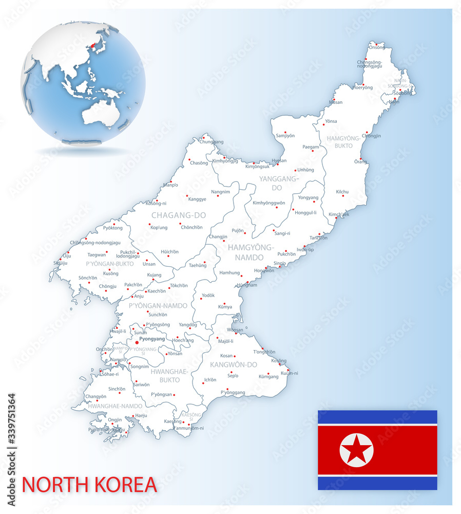 Fototapeta premium Detailed North Korea administrative map with country flag and location on a blue globe.
