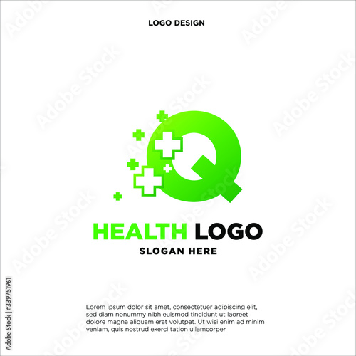 Letter Q Pixel logo, Plus sign logo, Medical health care hospital symbol, Technology and digital logotype