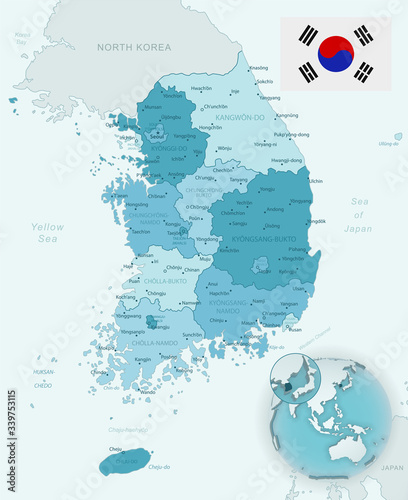 Blue-green detailed map of South Korea and administrative divisions with country flag and location on the globe.