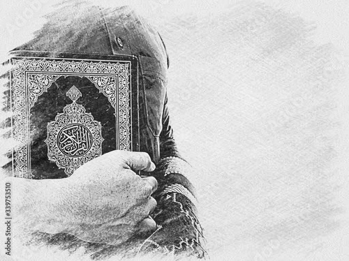 Photography Man Holding quran illustration. Islamic Background