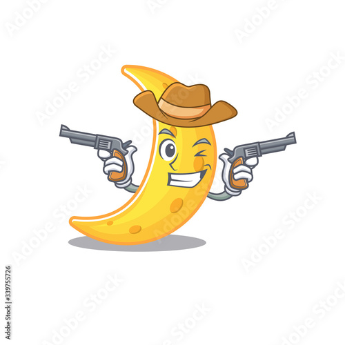 Cute handsome cowboy of crescent moon cartoon character with guns