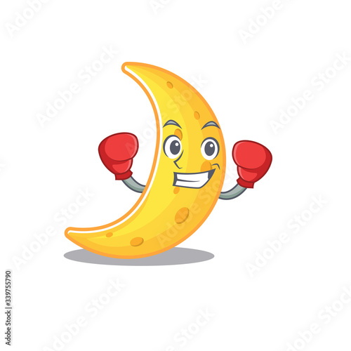A sporty boxing athlete mascot design of crescent moon with red boxing gloves