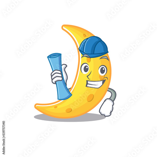 Cartoon character of crescent moon brainy Architect with blue prints and blue helmet