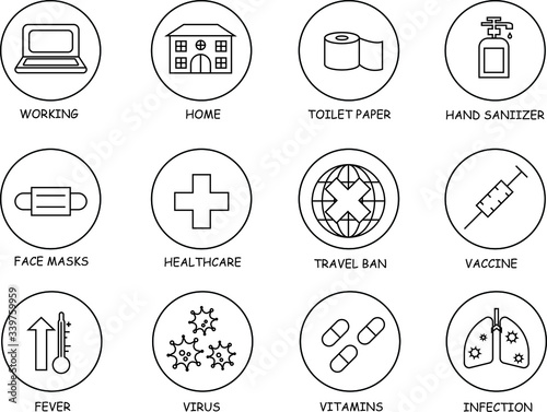 COVID icons set with corona virus elements including working at home, travel ban, pills, vaccination, fever, high temperature, lung damage, and toilet paper