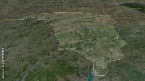 Yobe, state with its capital, zoomed and extruded on the satellite map of Nigeria in the conformal Stereographic projection. Animation 3D photo