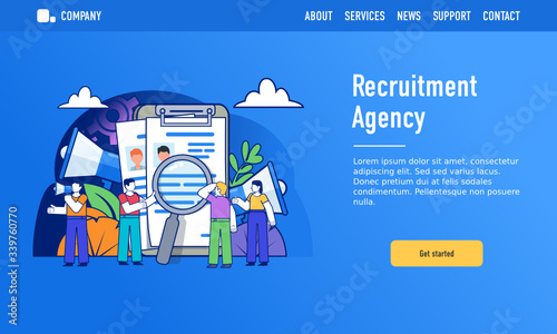 Recruitment agency, HR department concept. Small people stand near big clipboard with employee resume. Modern design vector illustration. Web landing page template