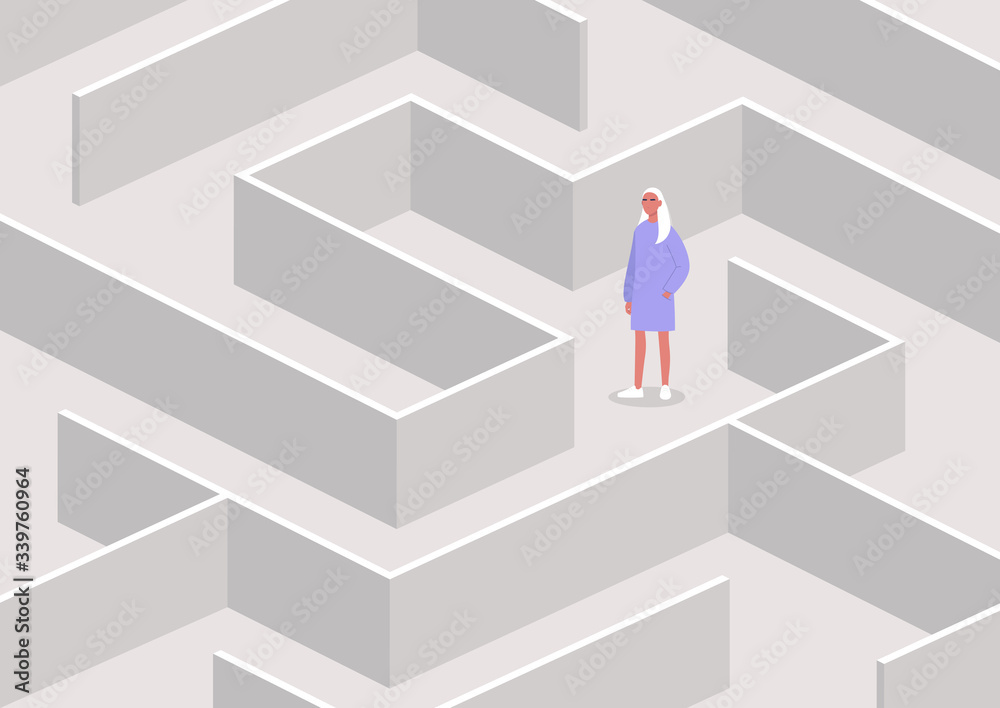 Young female character in a maze, strategical thinking and troubleshooting, business concept Young female character in a maze, strategical thinking and troubleshooting, business concept