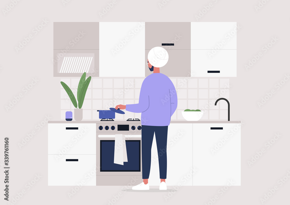Young indian male character making meal at the kitchen, rear view, stay at home lifestyle Young indian male character making meal at the kitchen, rear view, stay at home lifestyle