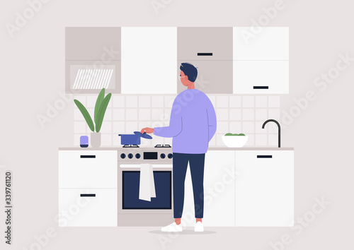 Young male character making meal at the kitchen, rear view, stay at home lifestyle