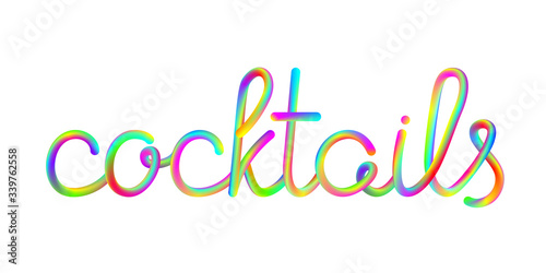 cocktails calligraphic hand-writing bold vibrant colorful lettering text isolated on white background, stock vector illustration clip art heading