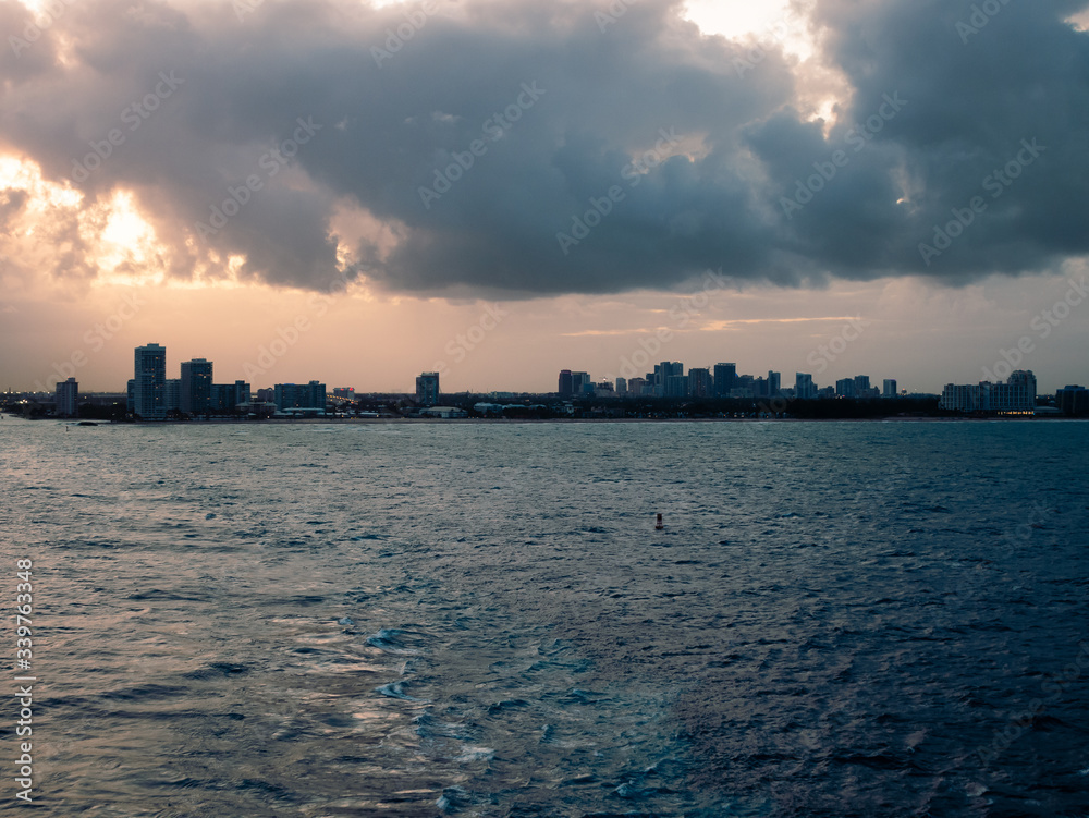View on Miami port Everglades from cruise ship at the evening deem light