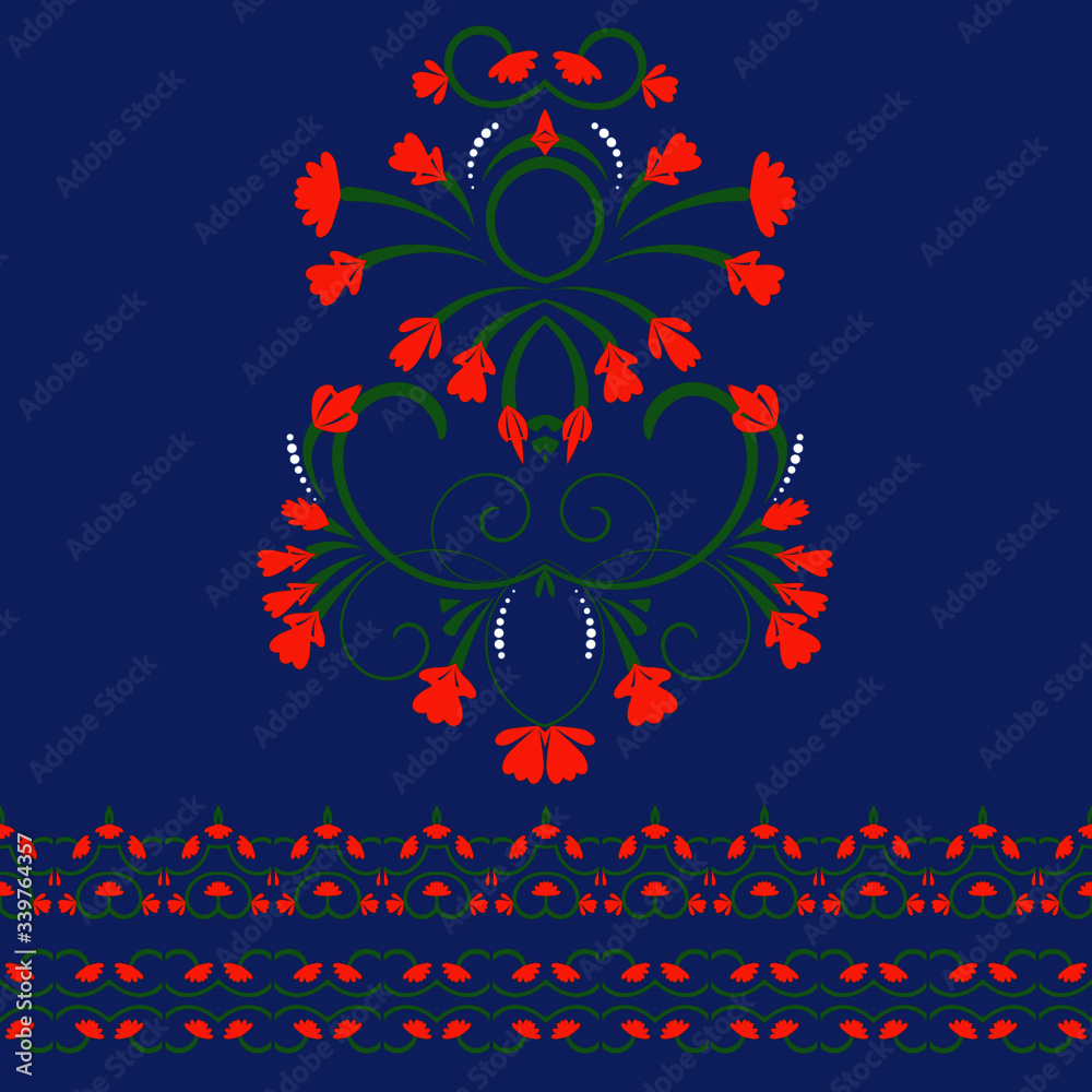 Decorative spring pattern with plant and flowers, workpiece for your design. Flowers elements and motifs. Decor for textile and print design. Vector.