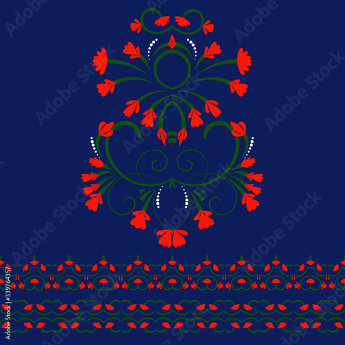 Decorative spring pattern with plant and flowers, workpiece for your design. Flowers elements and motifs. Decor for textile and print design. Vector.