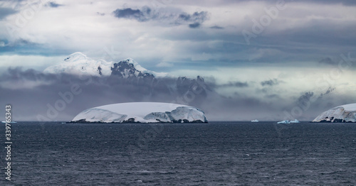 Antarctic landscape with mountains and glaciers