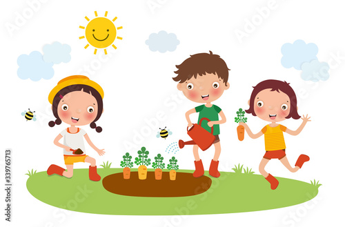 Planting, Growing and Harvesting carrot by kids, vector, illustration