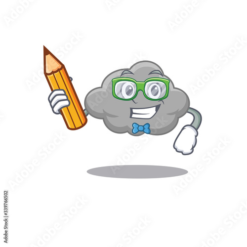 A brainy student grey cloud cartoon character with pencil and glasses