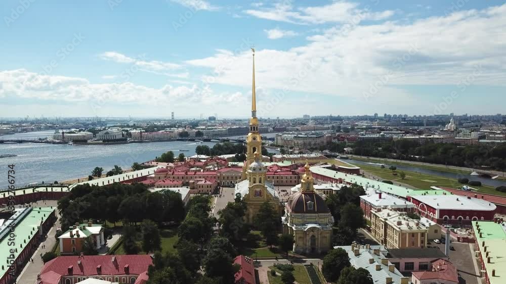St. Petersburg, Russia, Aerial View of Peter and Paul Fortress and Orthodox Cathedral on Neva River Island