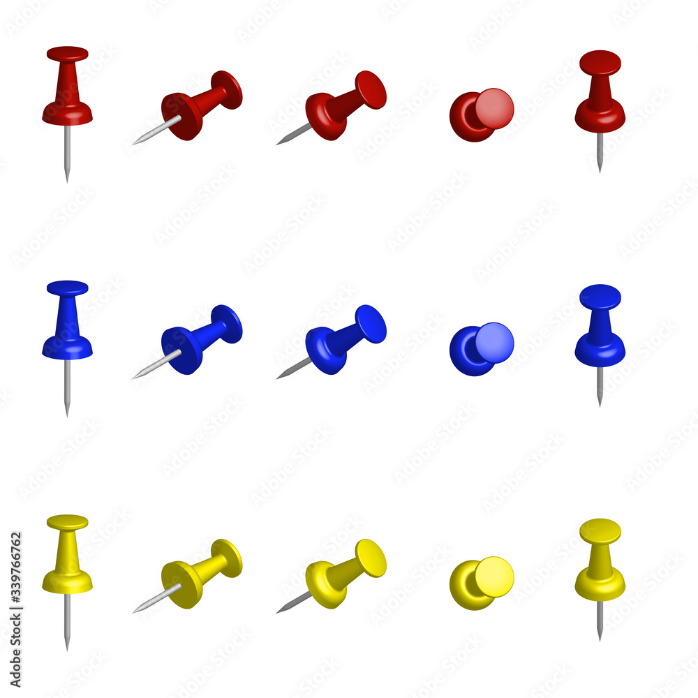 set of color push pins from different views. Elements for your design. Vector illustration on a white background set of color push pins from different views. Elements for your design. Vector illustration on a white background