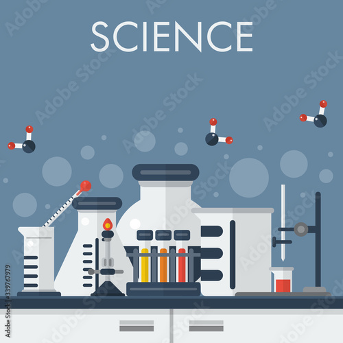 Concept science flat design vector illustration. Laboratory equipment and glassware on the table. Chemistry experiment set.
