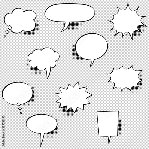 Set of hand drawn speech bubbles with Halftone shadows. Vector illustration.