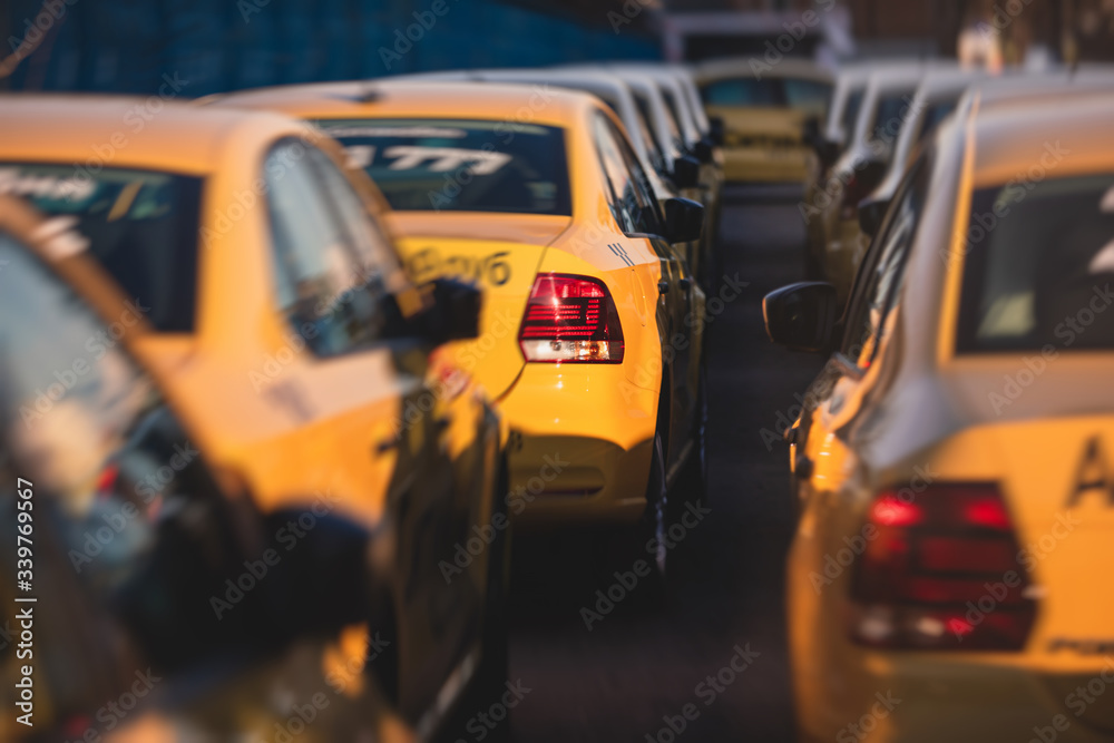 View of yellow taxi cab parking lot with yellow cars standing, set of taxicabs in the streets, taxis