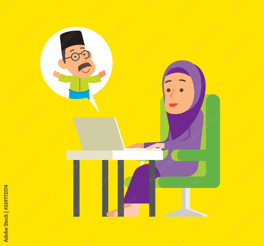 Social Distance. Muslim woman stay connecting with Muslim man trough social media with laptop. Malay woman online meeting with Malay man with notebook on desk. Muslim lady work from home. Social Distance. Muslim woman stay connecting with Muslim man trough social media with laptop. Malay woman online meeting with Malay man with notebook on desk. Muslim lady work from home.