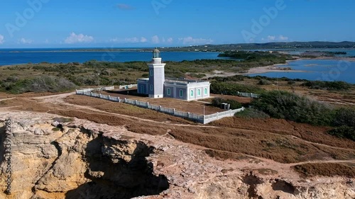 Faro Los Morrillos de Cabo Rojo lighthouse on sea cliffs, aerial photo