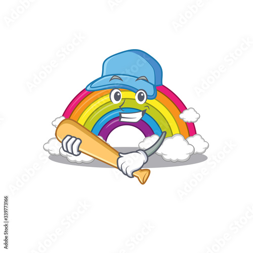Picture of rainbow cartoon character playing baseball