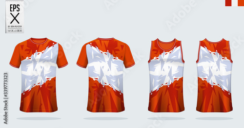 T-shirt mockup, sport shirt template design for soccer jersey, football kit. Tank top for basketball jersey and running singlet. Sport uniform in front view and back view.  Mock up Vector Illustration