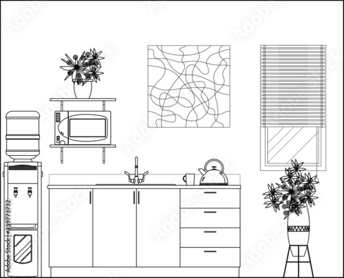 Kitchen and pantry side elevation drawing complete with cabinets, appliance and utensils in 2D CAD drawing. Drawing in black and white.  

