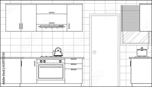 Kitchen and pantry side elevation drawing complete with cabinets  appliance and utensils in 2D CAD drawing. Drawing in black and white.   