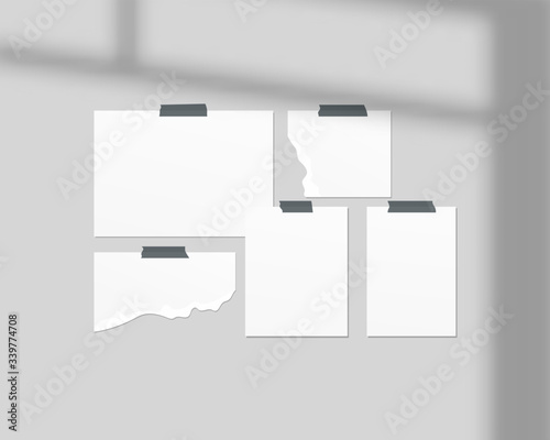Mood board mockup template. Empty sheets of white paper on the wall. Mood board with shadow overlay. Mockup vector isolated. Template design. 